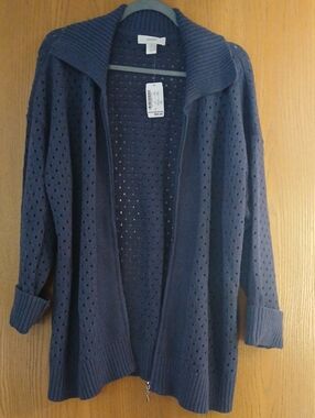 CJ Banks Navy Open-Knit Draped Cardigan